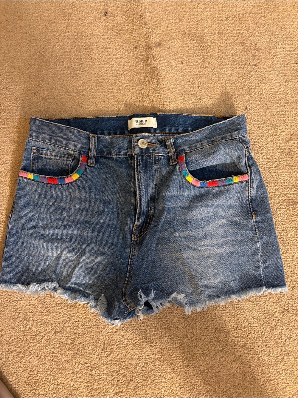 Forever 21 Blue Denim Shorts with Multicolor Pocket Trim